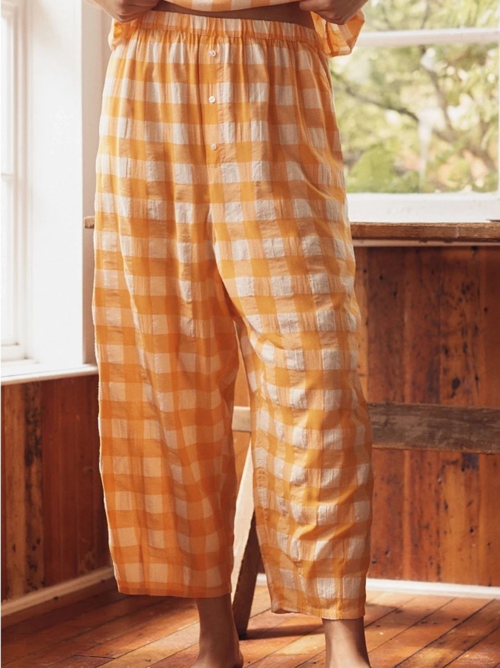 Anthropologie Barrel Boxer Lounge Pant Trouser Orange White Gingham Plaid Medium